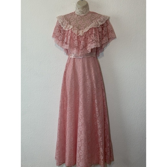 Vintage 70s JC Pennys Pink Lace Victorian Prairie Cottagecore Maxi Dress Sz 3/4 - Picture 1 of 9